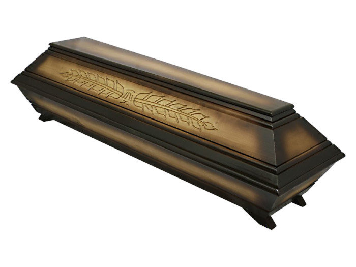 Cercueil en peuplier massif patine brun foncé avec palme