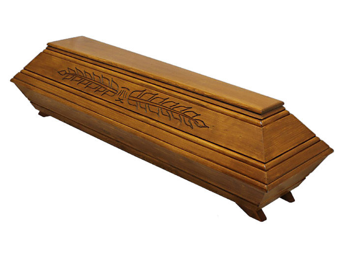 Cercueil en épicéa massif marron clair avec palme