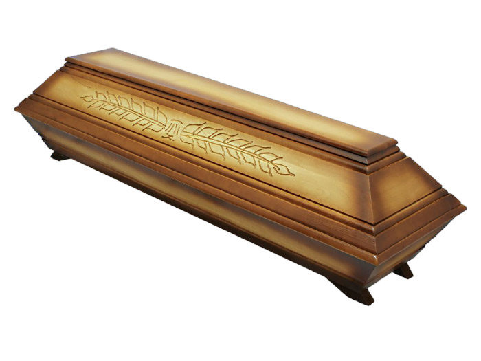Cercueil en peuplier massif patine brun clair avec palme